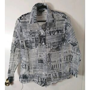 Forever 21 Sheer Newspaper Print Button Up Shirt S Black White Long Sleeve